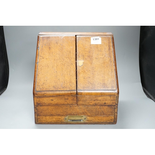 1308 - A Victorian oak stationery box with original fittings