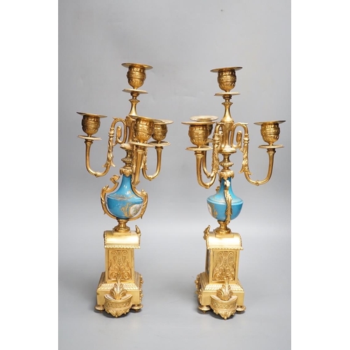 1315 - A pair of Louis XVI style ormolu and Sevres style porcelain candelabra 39cm