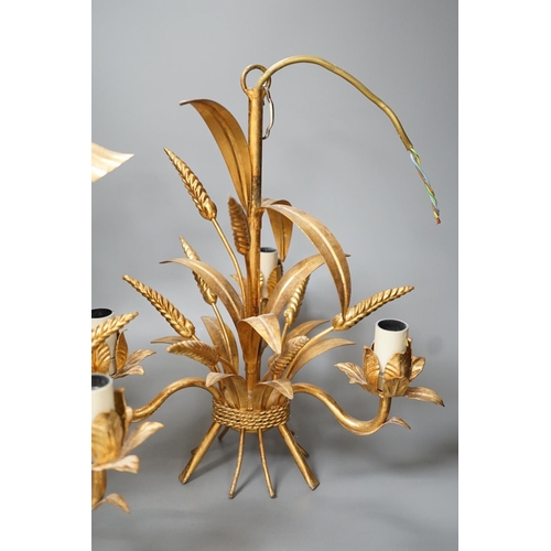 1321 - A pair of gilt metal wheat sheaf three light chandeliers