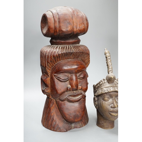 1323 - A metal Benin style bust, a carved tribal bust and another