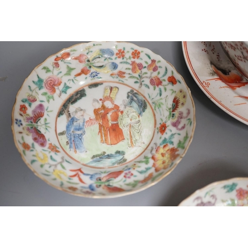 1334 - A group of 19th century Chinese famille rose and English chinoiserie tea wares