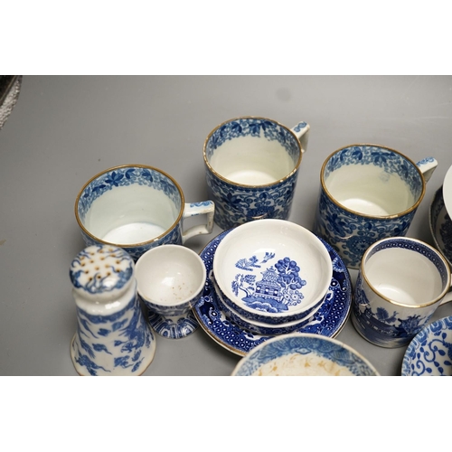 1337 - Mixed blue and white tableware including Burleigh ware, Woods and other 19th century blue and white... 