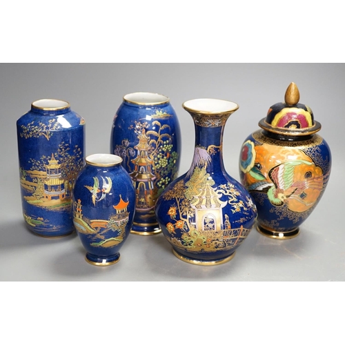 1342 - A group of Carlton ware blue ground chinoiserie lustre vases, tallest 18cm (5)