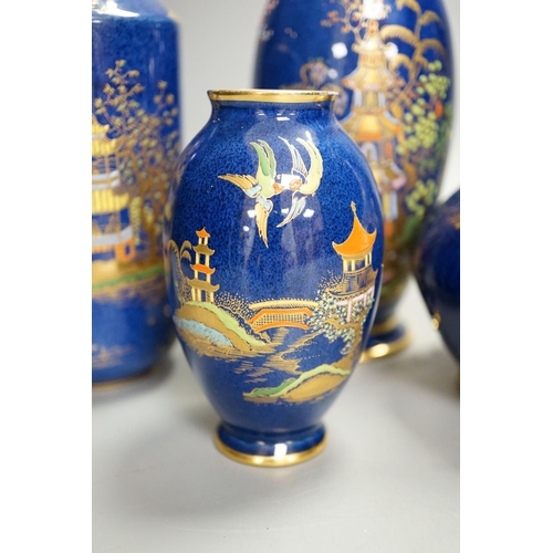 1342 - A group of Carlton ware blue ground chinoiserie lustre vases, tallest 18cm (5)