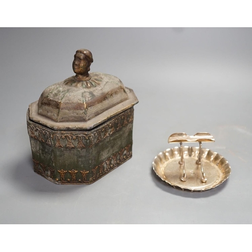 1343 - A Regency octagonal lead tobacco box, weight and cover, with slave-head finial, 14cm tall, and late ... 