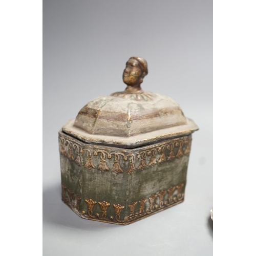 1343 - A Regency octagonal lead tobacco box, weight and cover, with slave-head finial, 14cm tall, and late ... 