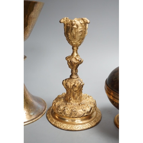 1353 - A decorative ormolu inkwell, 20cm high, a Baroque style candlestick, a chalice stamped W IV, togethe... 