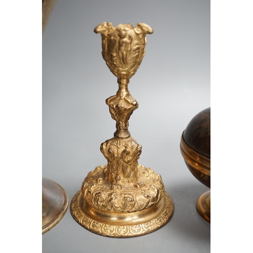 1353 - A decorative ormolu inkwell, 20cm high, a Baroque style candlestick, a chalice stamped W IV, togethe... 