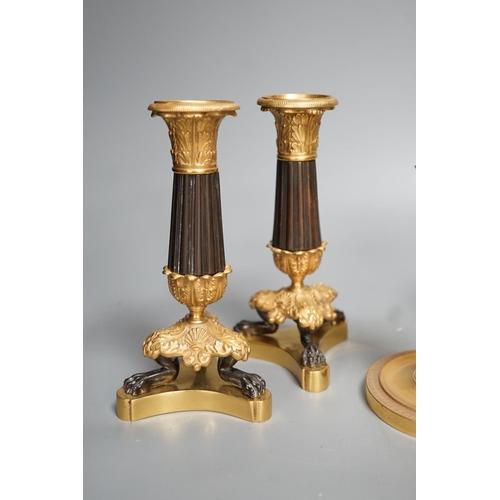 1355 - Three pairs of gilt metal candlesticks, tallest 16cm