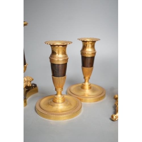 1355 - Three pairs of gilt metal candlesticks, tallest 16cm