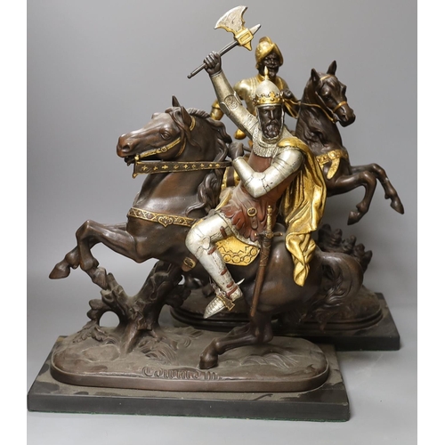 1359 - Three spelter warriors on horseback - tallest 43cm