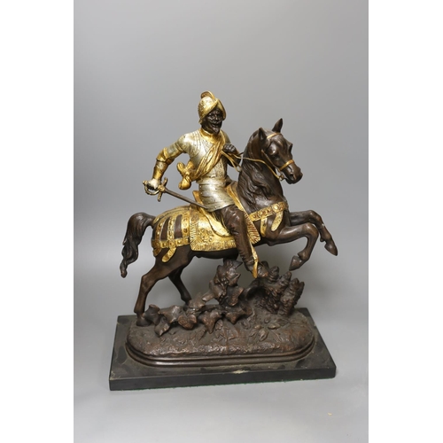 1359 - Three spelter warriors on horseback - tallest 43cm