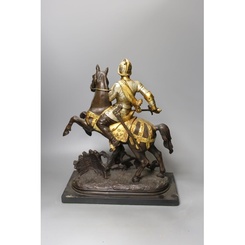 1359 - Three spelter warriors on horseback - tallest 43cm