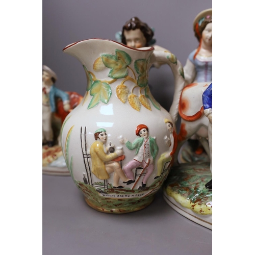 1360 - Assorted Staffordshire figures and a 'peck o' malt' jug - tallest 29cm