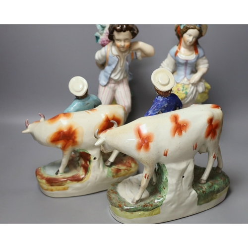 1360 - Assorted Staffordshire figures and a 'peck o' malt' jug - tallest 29cm