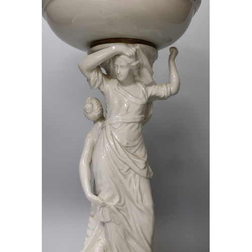 1361 - A Continental white glazed porcelain centrepiece bowl modelled with two maidens - 47cm tall... 