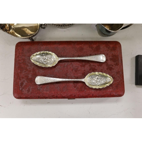 1369 - A silver plated 3 piece tea set and other plated wares