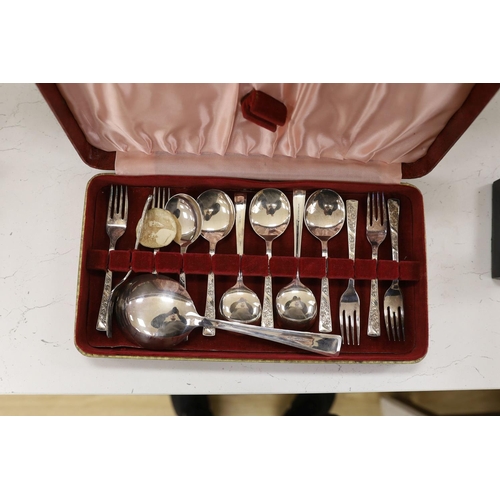 1369 - A silver plated 3 piece tea set and other plated wares