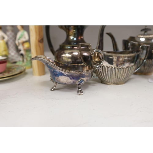 1369 - A silver plated 3 piece tea set and other plated wares