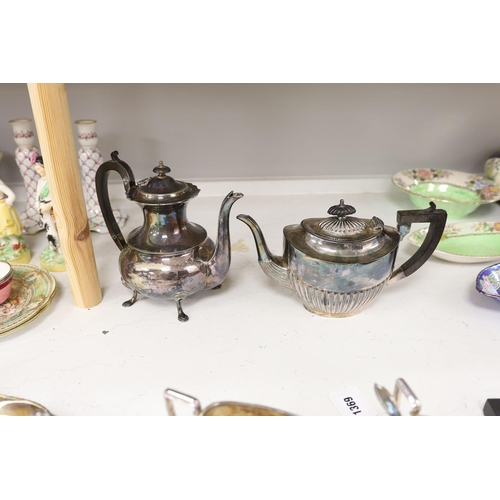 1369 - A silver plated 3 piece tea set and other plated wares