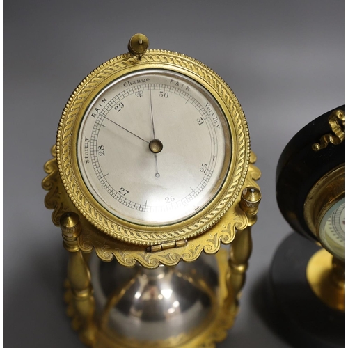 1374 - An ormolu and silver plated hourglass shaped desk aneroid barometer and a gilt metal and parcel ebon... 