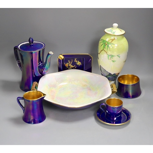 1376 - A Carlton ware lustre coffee set for six, two handled bowl, ash tray and kingfisher vase and cover... 