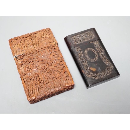 1559 - A 19th century Chinese tortoiseshell card case and a similar carved sandalwood card case, 11 cms hig... 