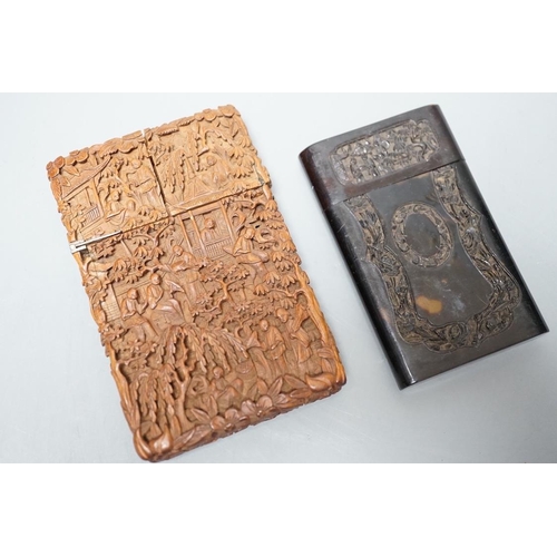 1559 - A 19th century Chinese tortoiseshell card case and a similar carved sandalwood card case, 11 cms hig... 