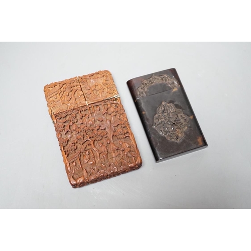 1559 - A 19th century Chinese tortoiseshell card case and a similar carved sandalwood card case, 11 cms hig... 