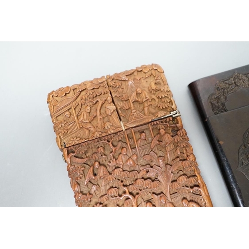 1559 - A 19th century Chinese tortoiseshell card case and a similar carved sandalwood card case, 11 cms hig... 