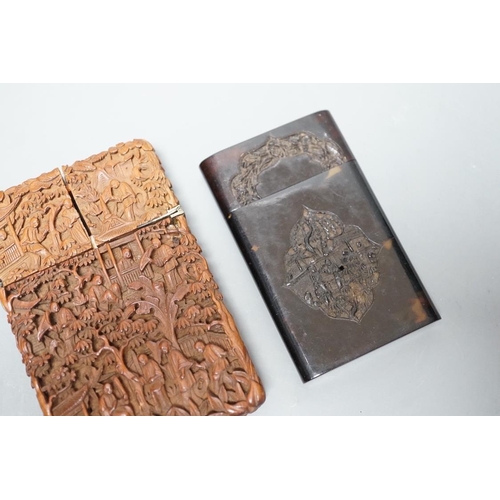 1559 - A 19th century Chinese tortoiseshell card case and a similar carved sandalwood card case, 11 cms hig... 