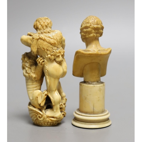 1561 - An ivory finial or cane handle in the form of Hercules fighting a lion and an ivory bust of a gentle... 