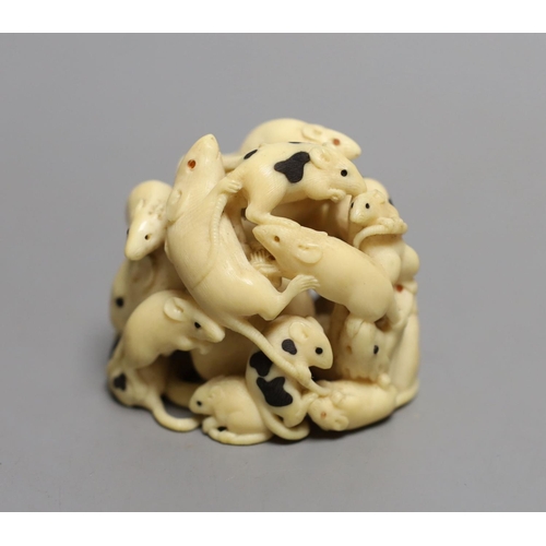 1571 - A fine Japanese carved ivory Okimono of a mischief  of rats, Meiji period, six character inscripti... 