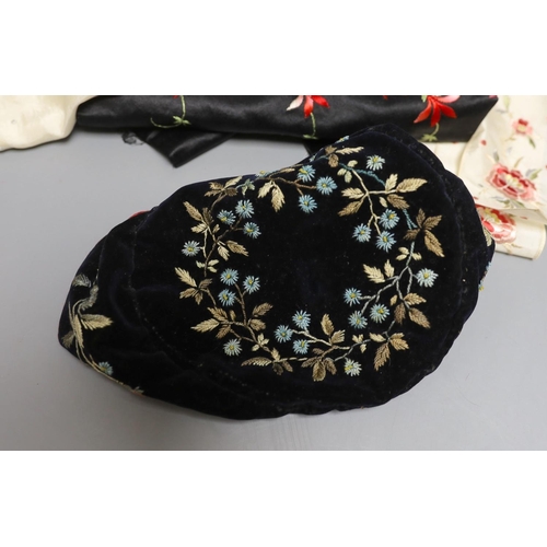 1575 - An Edwardian silk stole, a Victorian gents velvet smoking cap, various silk hankies, coloured embroi... 