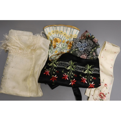 1575 - An Edwardian silk stole, a Victorian gents velvet smoking cap, various silk hankies, coloured embroi... 