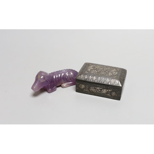 1581 - A carved amethyst type dog and a Bidri ware box