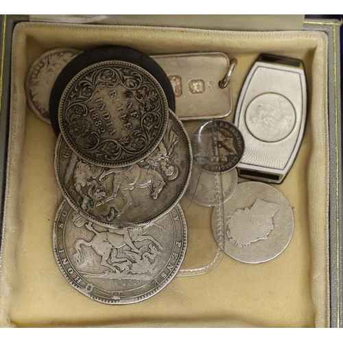 1582 - A group of silver medallions and silver coins including two crowns