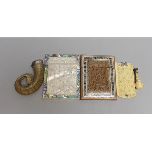 1586 - A Victorian mother-of-pearl and abalone card case, a Southern Indian card case, an ivory and pique w... 