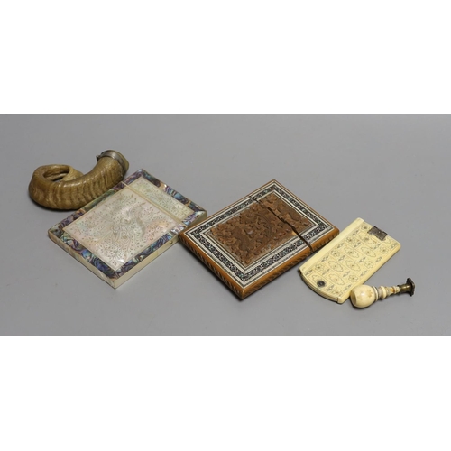 1586 - A Victorian mother-of-pearl and abalone card case, a Southern Indian card case, an ivory and pique w... 