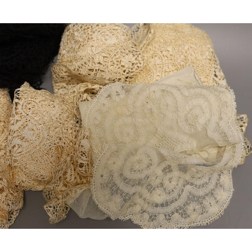 1589 - Two 19th century lengths of silk Maltese bobbin lace, two similar lengths, a hankie, black lace stol... 