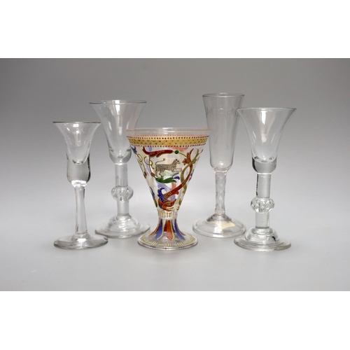 1612 - Four 18th century drinking glasses and a Bohemian Historismus enamelled wine glass (5) tallest 18cm... 