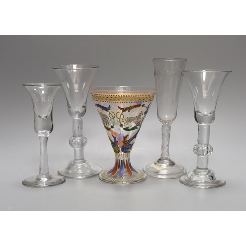 1612 - Four 18th century drinking glasses and a Bohemian Historismus enamelled wine glass (5) tallest 18cm... 