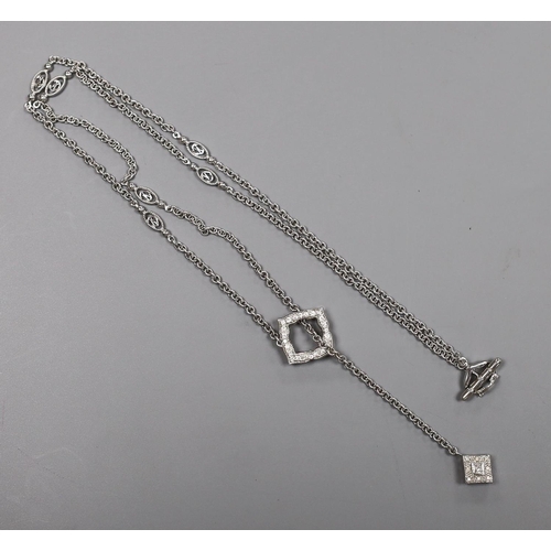 1948 - A modern 750 white metal and diamond cluster set drop necklace, 54cm, gross weight 10 grams.... 