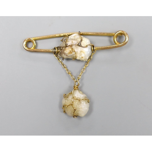 1949 - An early 20th century 9ct and two stone baroque pearl set drop brooch by Murrle Bennett & Co, width ... 