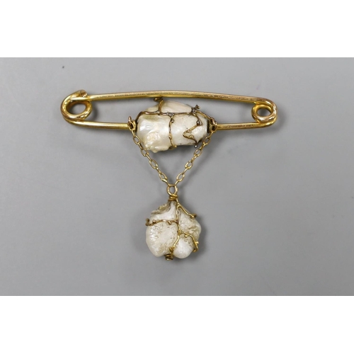 1949 - An early 20th century 9ct and two stone baroque pearl set drop brooch by Murrle Bennett & Co, width ... 