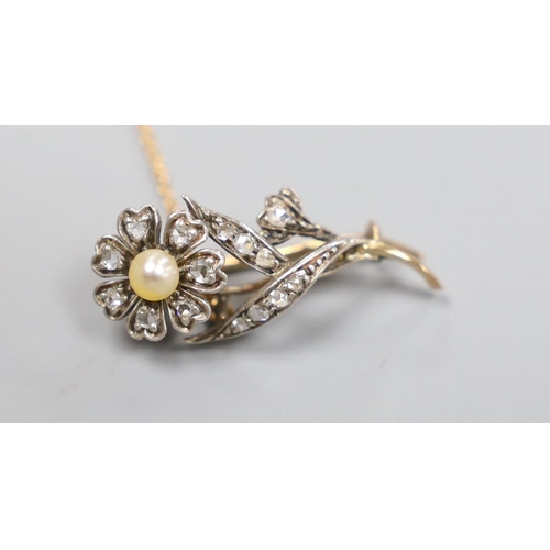 1952 - A Victorian yellow metal, pearl and rose cut diamond set flower brooch, 31mm, gross 3.6 grams.... 