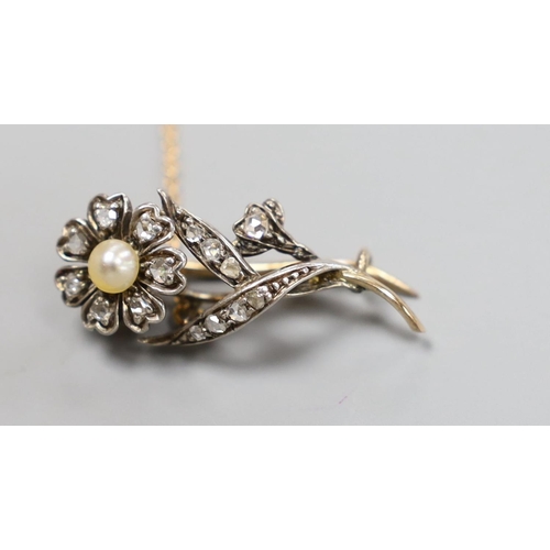 1952 - A Victorian yellow metal, pearl and rose cut diamond set flower brooch, 31mm, gross 3.6 grams.... 