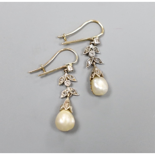 1957 - A pair of yellow metal ,cultured pearl and rose cut diamond set drop earrings, 20mm, gross weight 3 ... 