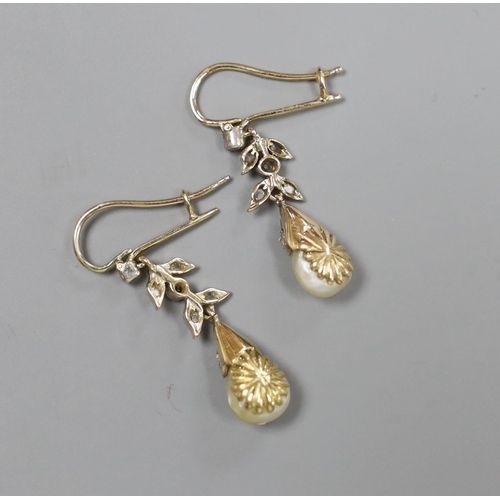 1957 - A pair of yellow metal ,cultured pearl and rose cut diamond set drop earrings, 20mm, gross weight 3 ... 