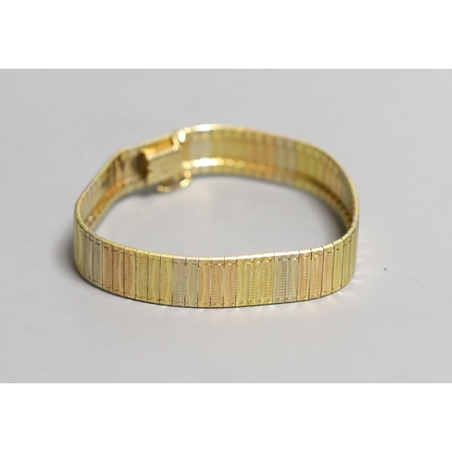 1962 - A modern Italian three colour 18ct gold bracelet, 19cm,29.3 grams.